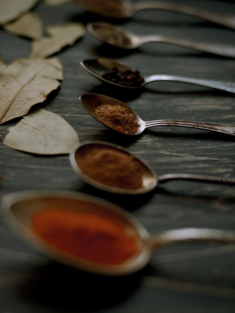 lined up spoons full of assorted spices